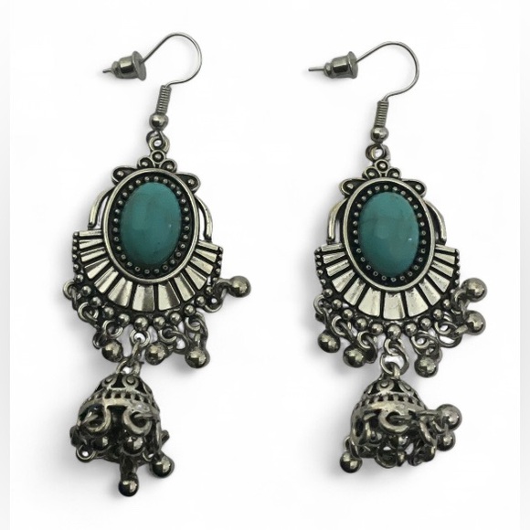 Boho Ethnic Native Silver & Turqoise Dangle Earrings Stone & Bell Drop Design - Picture 2 of 3